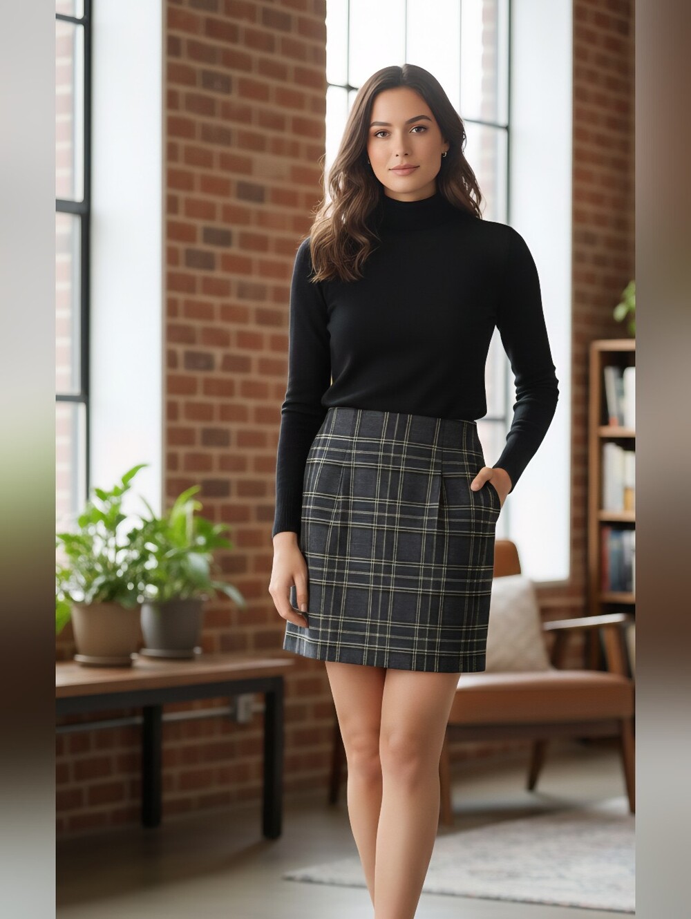 Vintage 90s Plaid Wool Blend Mini Skirt Forest Green Gold Preppy High Waisted S